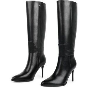 Women's Black Stiletto Knee High Closed Toe Long Boots Side Zipper Dress Boots